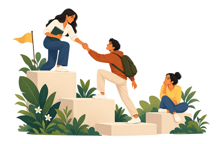 People helping each other climb steps illustration